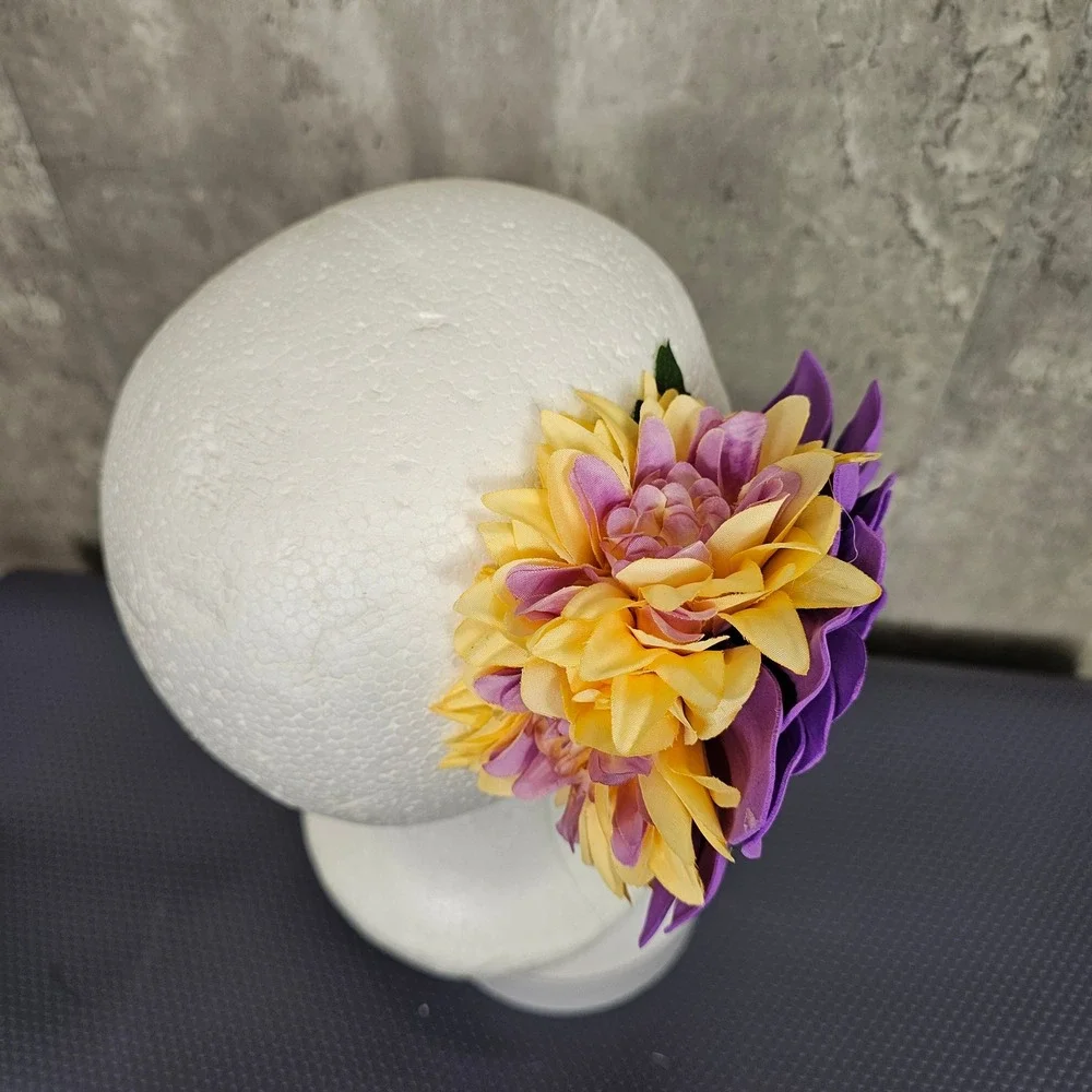 Floral Hair Clip Purple Yellow Dahlia Flower Fascinator Wedding Races‎ Tiki VLV